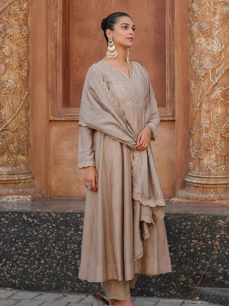 Women's Vichitra Silk Embroidered Kurta Palazzo & Dupatta Set