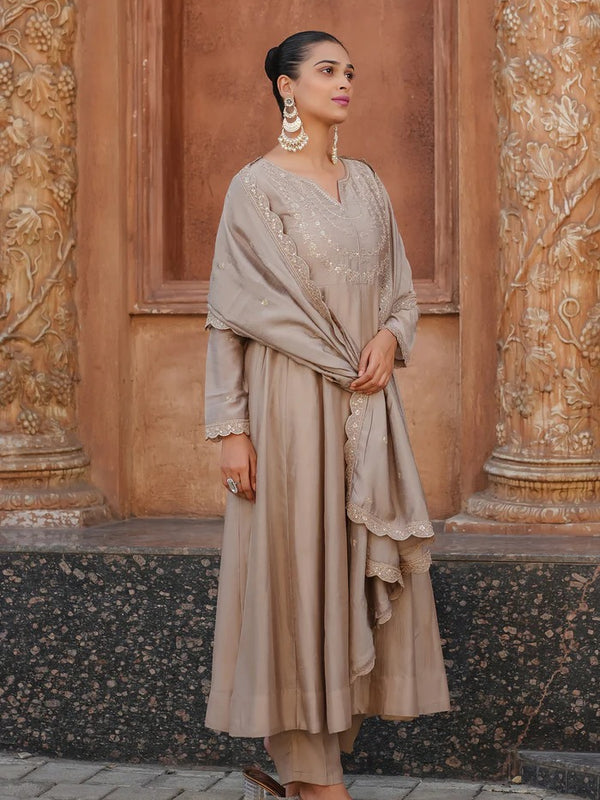 Women's Vichitra Silk Embroidered Kurta Palazzo & Dupatta Set