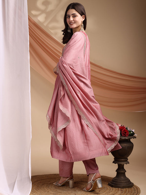 Vichitra Silk Embroidered Kurta Pant with Dupatta Set