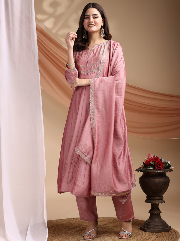 Vichitra Silk Embroidered Kurta Pant with Dupatta Set