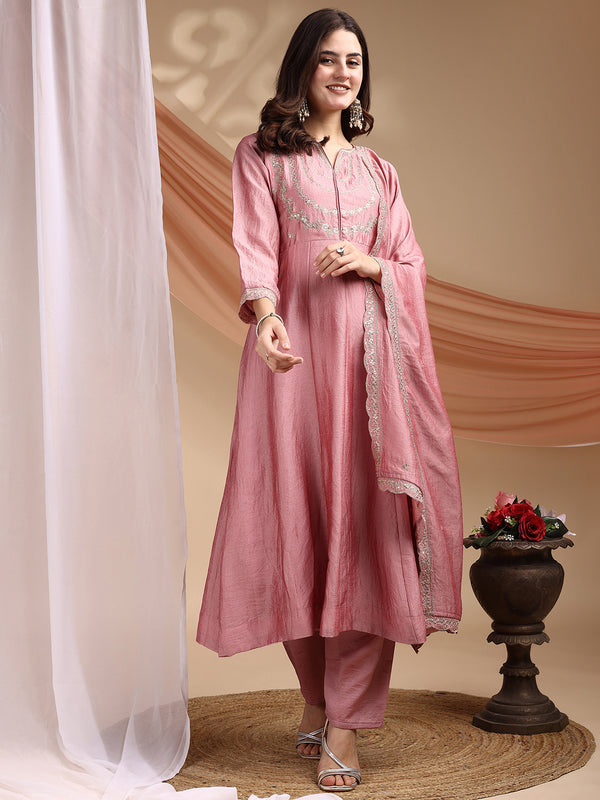 Vichitra Silk Embroidered Kurta Pant with Dupatta Set