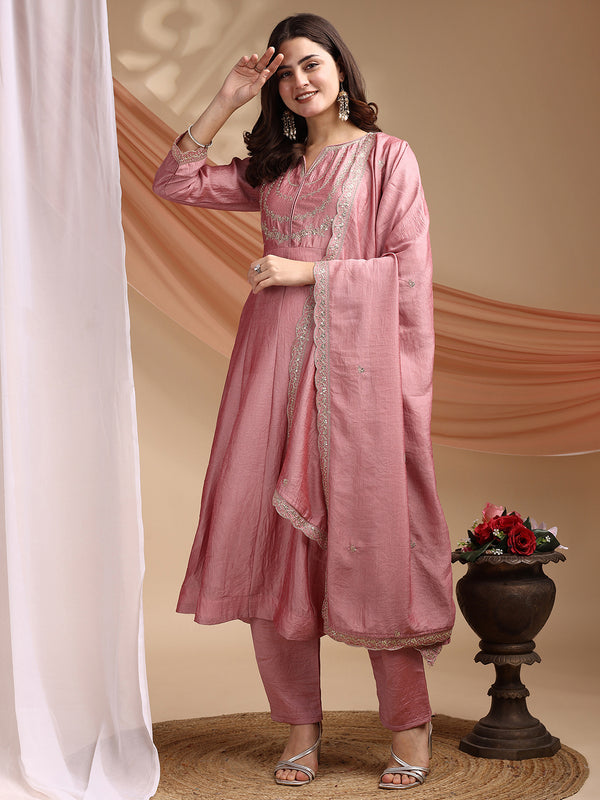 Vichitra Silk Embroidered Kurta Pant with Dupatta Set