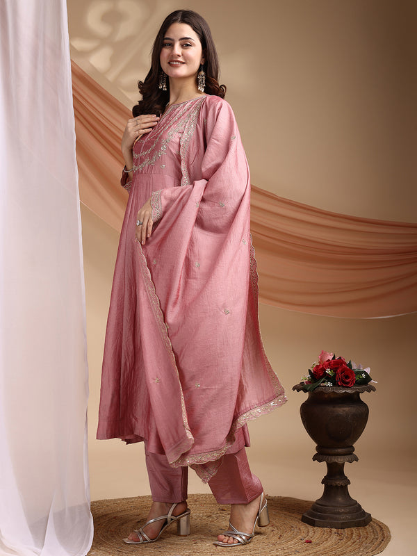 Vichitra Silk Embroidered Kurta Pant with Dupatta Set
