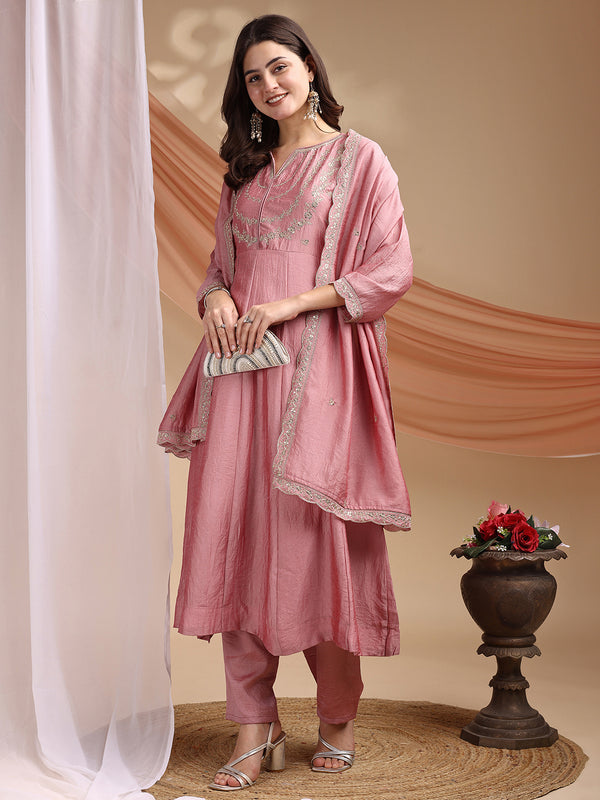 Vichitra Silk Embroidered Kurta Pant with Dupatta Set