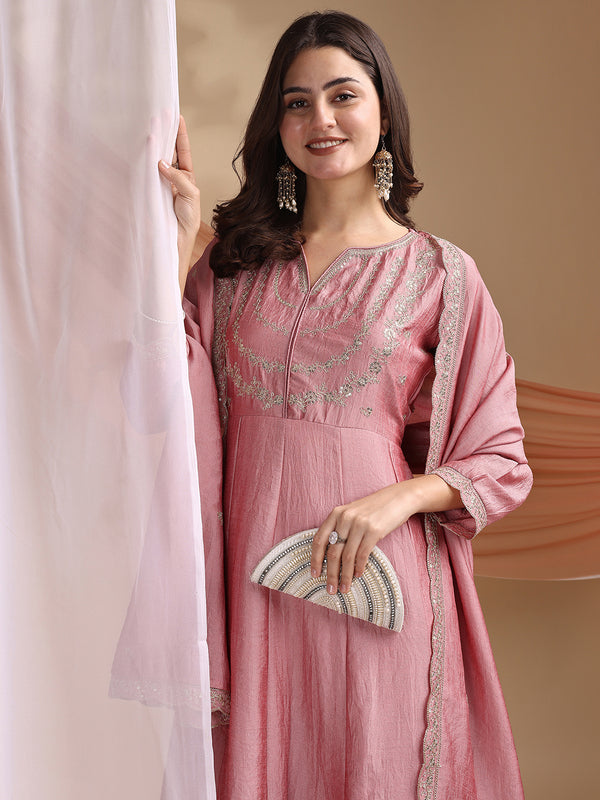 Vichitra Silk Embroidered Kurta Pant with Dupatta Set
