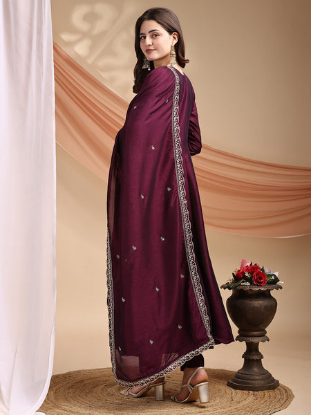 Vichitra Silk Embroidered Kurta Pant with Dupatta Set