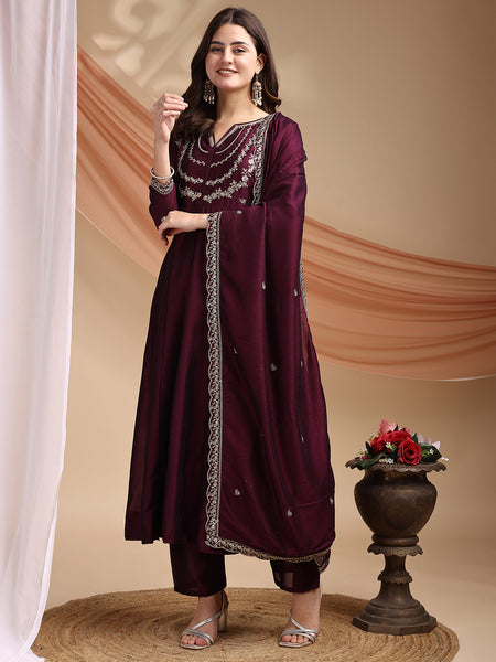 Vichitra Silk Embroidered Kurta Pant with Dupatta Set