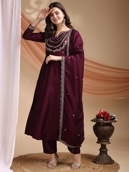 Vichitra Silk Embroidered Kurta Pant with Dupatta Set