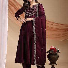 Vichitra Silk Embroidered Kurta Pant with Dupatta Set