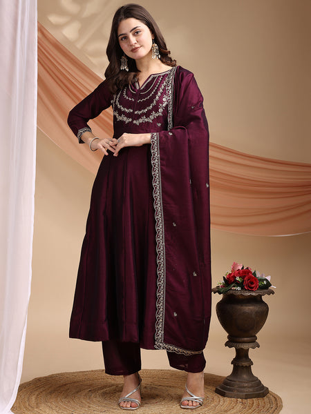 Vichitra Silk Embroidered Kurta Pant with Dupatta Set