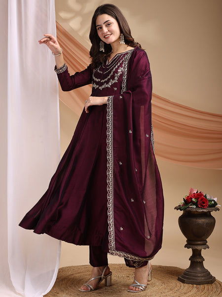 Vichitra Silk Embroidered Kurta Pant with Dupatta Set