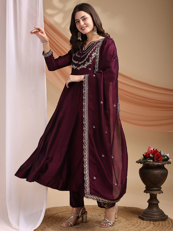 Vichitra Silk Embroidered Kurta Pant with Dupatta Set