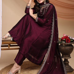 Vichitra Silk Embroidered Kurta Pant with Dupatta Set
