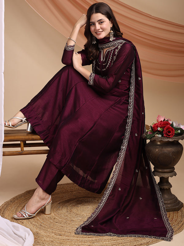 Vichitra Silk Embroidered Kurta Pant with Dupatta Set