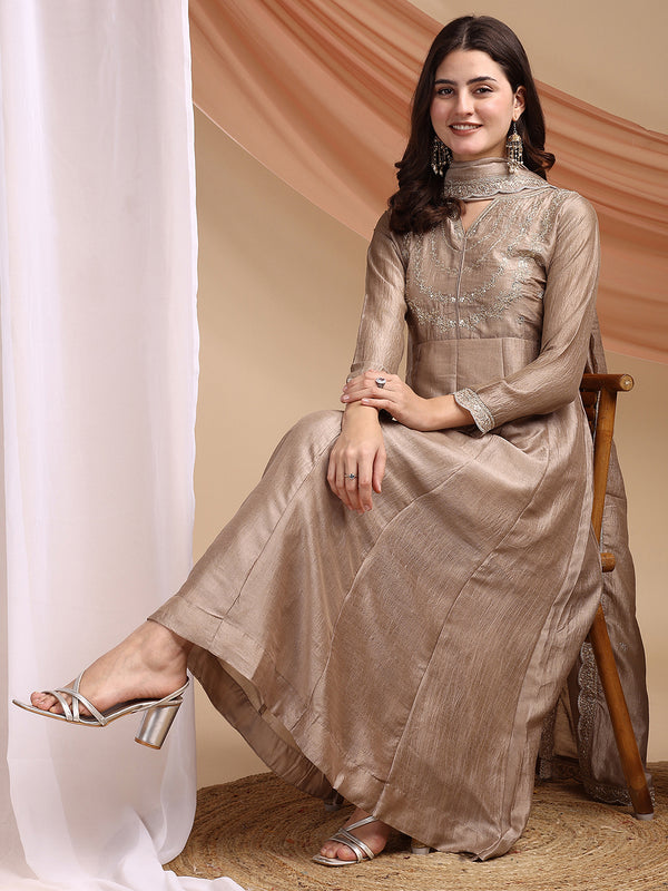 Vichitra Silk Embroidered Kurta Pant with Dupatta Set