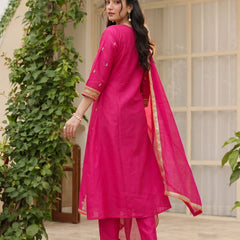 Women's Silk With Cotton Lining Embroidered A-Line Kurta with Pant & Chanderi Cotton Dupatta Set