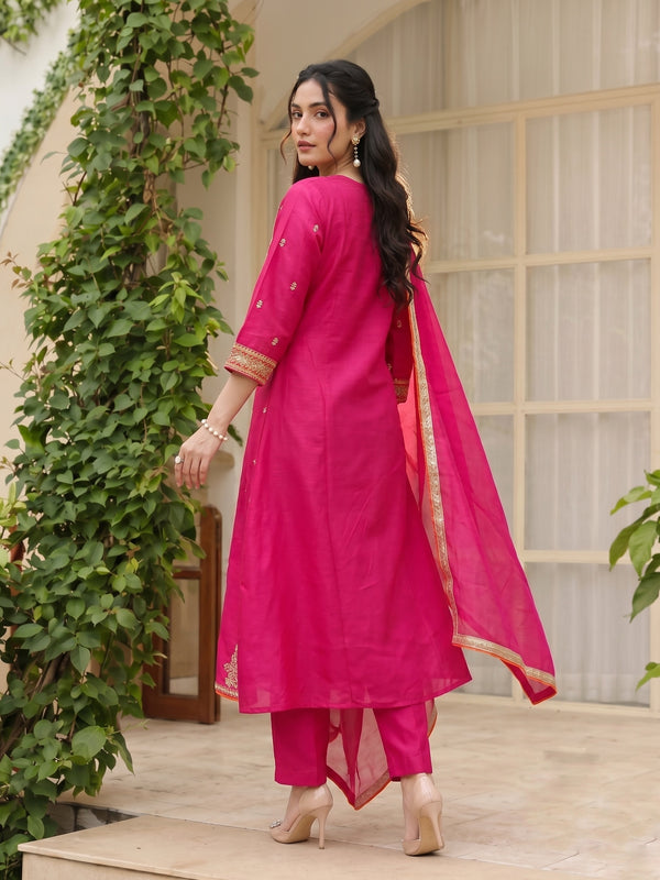 Women's Silk With Cotton Lining Embroidered A-Line Kurta with Pant & Chanderi Cotton Dupatta Set