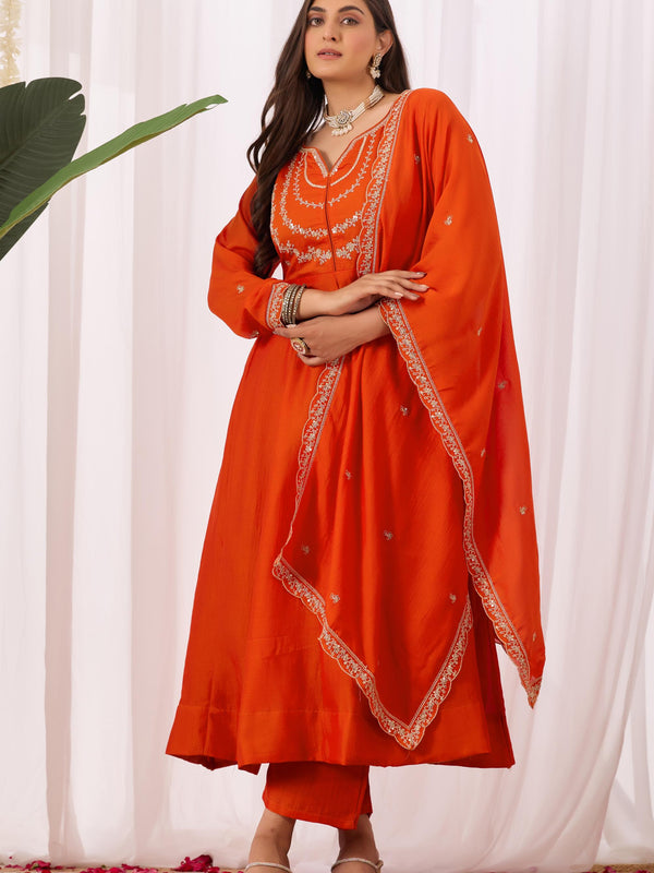 Vichitra Silk Embroidered Kurta Pant with Dupatta Set