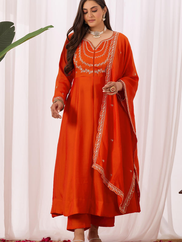 Vichitra Silk Embroidered Kurta Pant with Dupatta Set