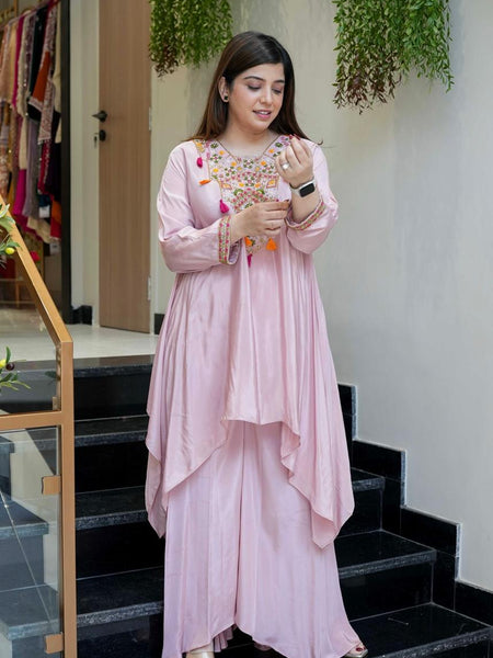 Women's French Crepe Embroidered Kurta Palazzo Set