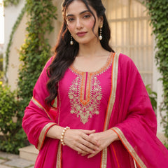 Women's Silk With Cotton Lining Embroidered A-Line Kurta with Pant & Chanderi Cotton Dupatta Set