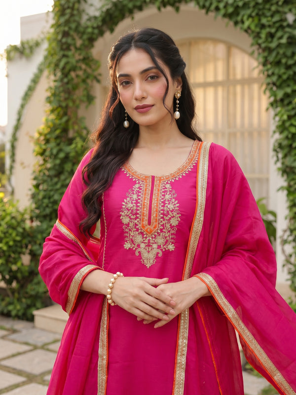 Women's Silk With Cotton Lining Embroidered A-Line Kurta with Pant & Chanderi Cotton Dupatta Set