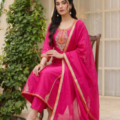 Women's Silk With Cotton Lining Embroidered A-Line Kurta with Pant & Chanderi Cotton Dupatta Set