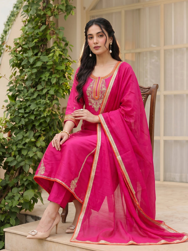 Women's Silk With Cotton Lining Embroidered A-Line Kurta with Pant & Chanderi Cotton Dupatta Set