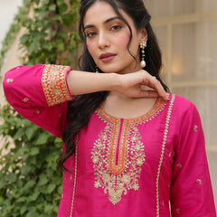 Women's Silk With Cotton Lining Embroidered A-Line Kurta with Pant & Chanderi Cotton Dupatta Set