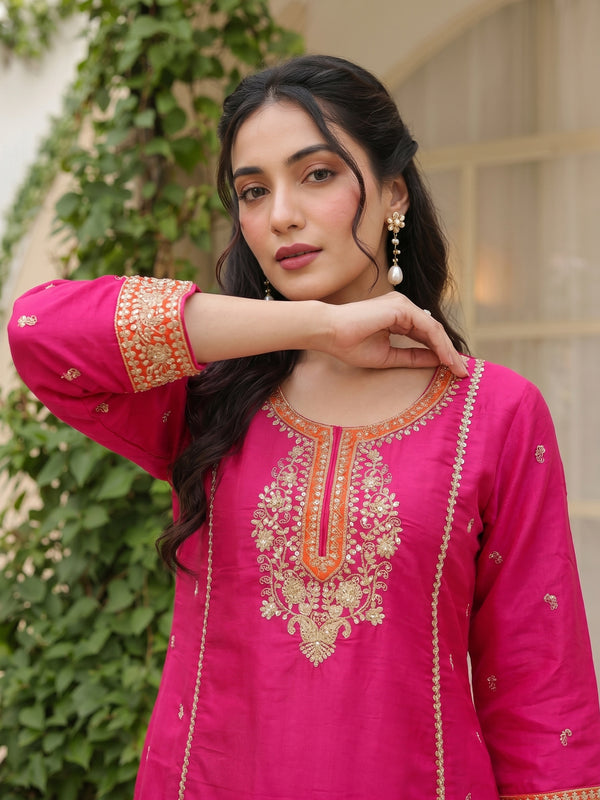 Women's Silk With Cotton Lining Embroidered A-Line Kurta with Pant & Chanderi Cotton Dupatta Set