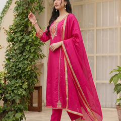 Women's Silk With Cotton Lining Embroidered A-Line Kurta with Pant & Chanderi Cotton Dupatta Set