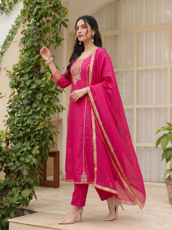 Women's Silk With Cotton Lining Embroidered A-Line Kurta with Pant & Chanderi Cotton Dupatta Set