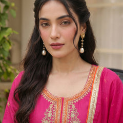 Women's Silk With Cotton Lining Embroidered A-Line Kurta with Pant & Chanderi Cotton Dupatta Set