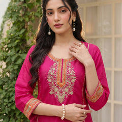 Women's Silk With Cotton Lining Embroidered A-Line Kurta with Pant & Chanderi Cotton Dupatta Set
