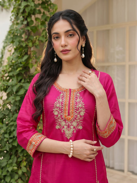 Women's Silk With Cotton Lining Embroidered A-Line Kurta with Pant & Chanderi Cotton Dupatta Set