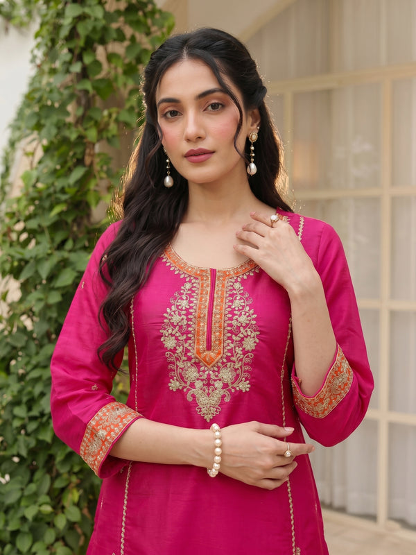 Women's Silk With Cotton Lining Embroidered A-Line Kurta with Pant & Chanderi Cotton Dupatta Set