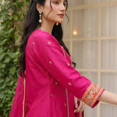 Women's Silk With Cotton Lining Embroidered A-Line Kurta with Pant & Chanderi Cotton Dupatta Set