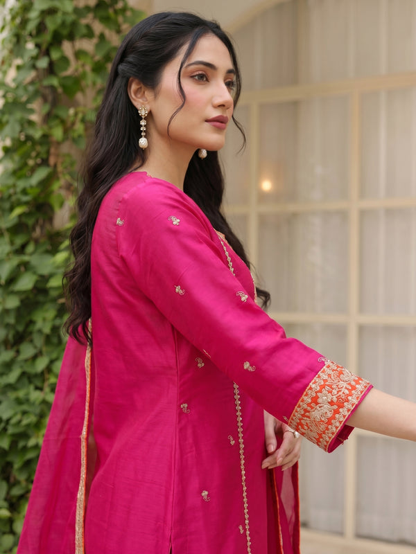 Women's Silk With Cotton Lining Embroidered A-Line Kurta with Pant & Chanderi Cotton Dupatta Set