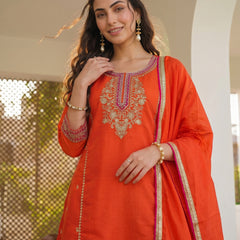 Women's Silk With Cotton Lining Embroidered A-Line Kurta with Pant & Chanderi Cotton Dupatta Set