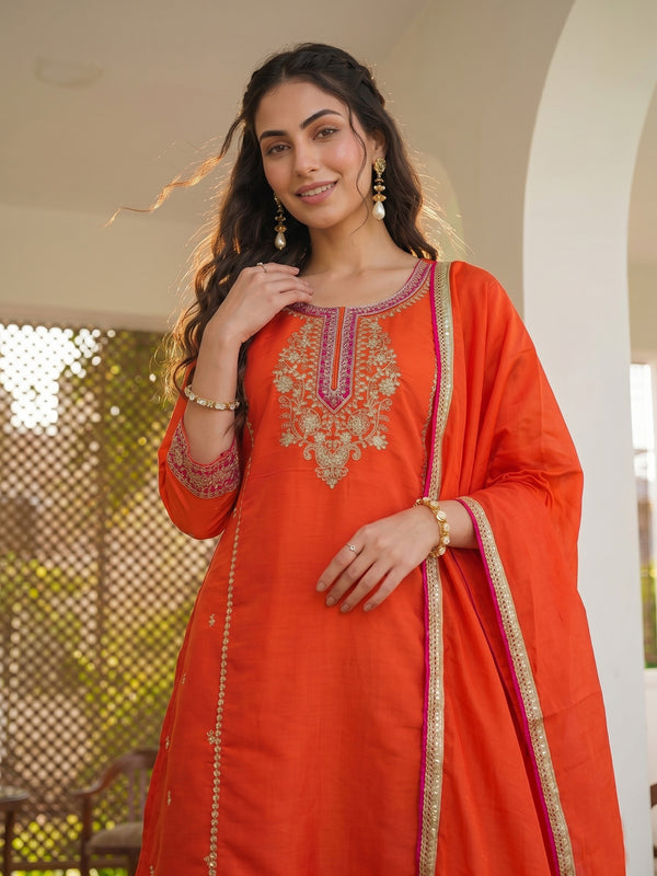 Women's Silk With Cotton Lining Embroidered A-Line Kurta with Pant & Chanderi Cotton Dupatta Set