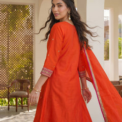 Women's Silk With Cotton Lining Embroidered A-Line Kurta with Pant & Chanderi Cotton Dupatta Set