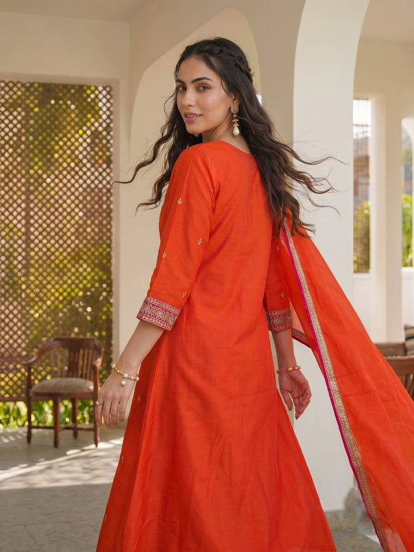Women's Silk With Cotton Lining Embroidered A-Line Kurta with Pant & Chanderi Cotton Dupatta Set