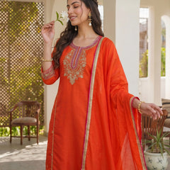 Women's Silk With Cotton Lining Embroidered A-Line Kurta with Pant & Chanderi Cotton Dupatta Set