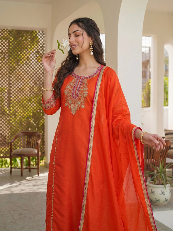 Women's Silk With Cotton Lining Embroidered A-Line Kurta with Pant & Chanderi Cotton Dupatta Set