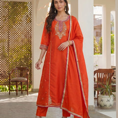 Women's Silk With Cotton Lining Embroidered A-Line Kurta with Pant & Chanderi Cotton Dupatta Set