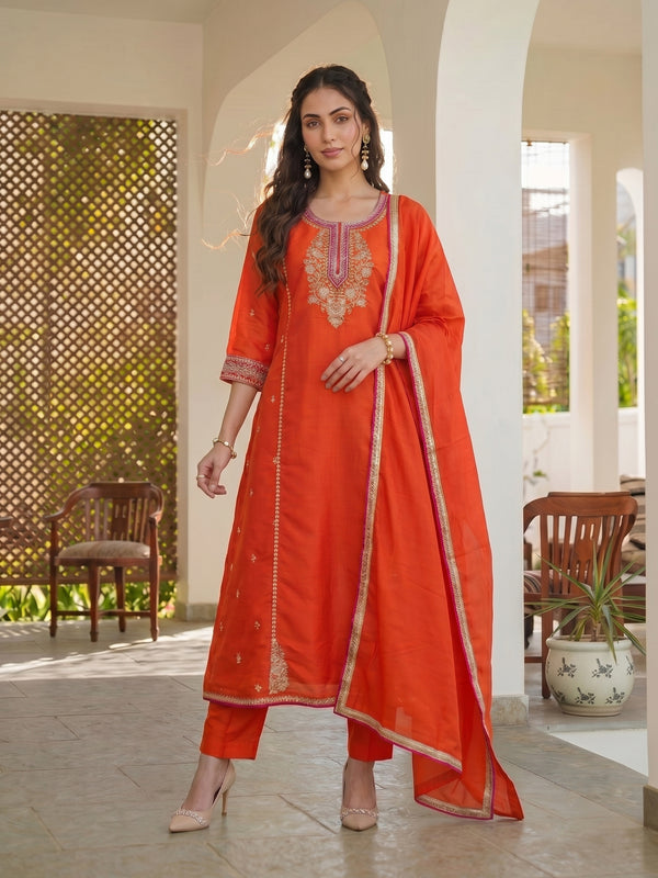Women's Silk With Cotton Lining Embroidered A-Line Kurta with Pant & Chanderi Cotton Dupatta Set