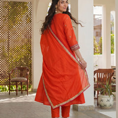 Women's Silk With Cotton Lining Embroidered A-Line Kurta with Pant & Chanderi Cotton Dupatta Set