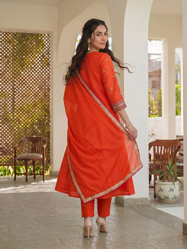 Women's Silk With Cotton Lining Embroidered A-Line Kurta with Pant & Chanderi Cotton Dupatta Set