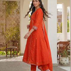 Women's Silk With Cotton Lining Embroidered A-Line Kurta with Pant & Chanderi Cotton Dupatta Set
