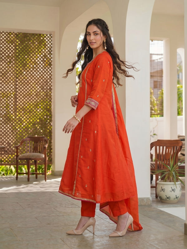 Women's Silk With Cotton Lining Embroidered A-Line Kurta with Pant & Chanderi Cotton Dupatta Set